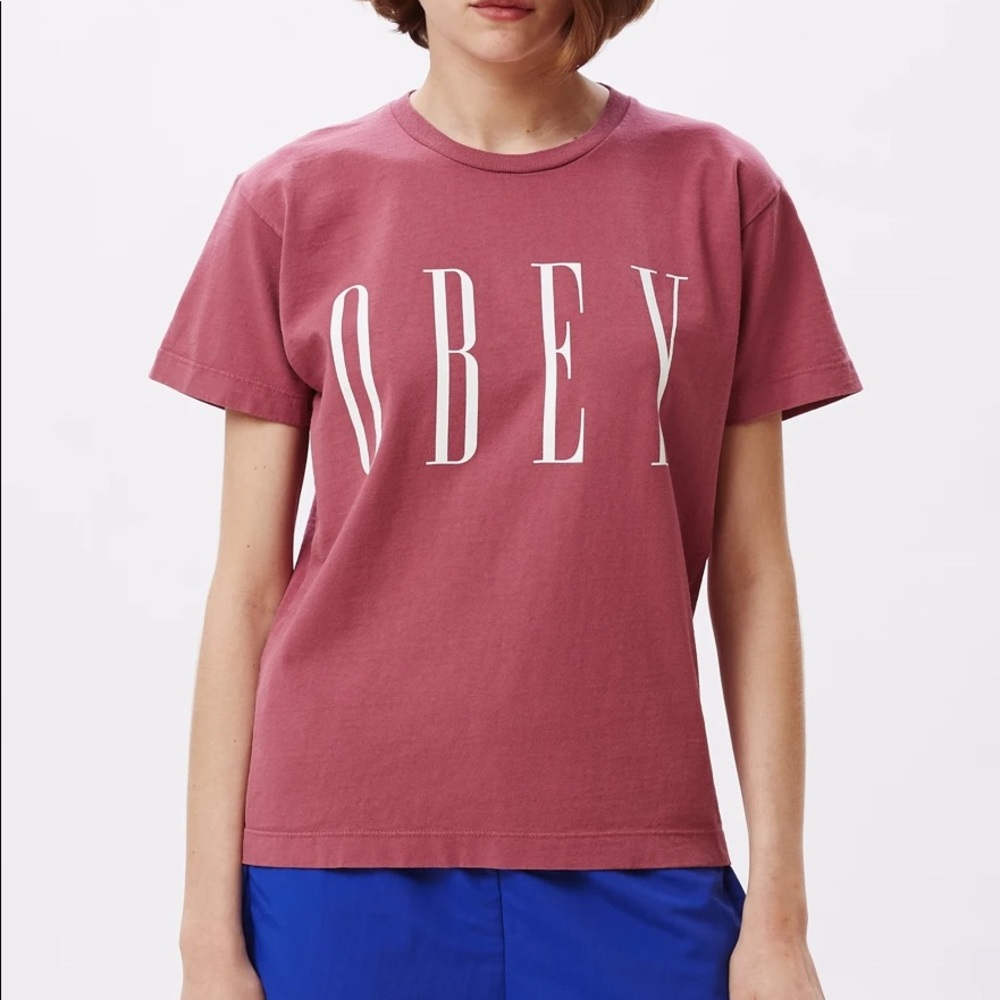 OBEY Custom Box logo t-shirt in Cassis (pink) size XS - cotton short sleeve